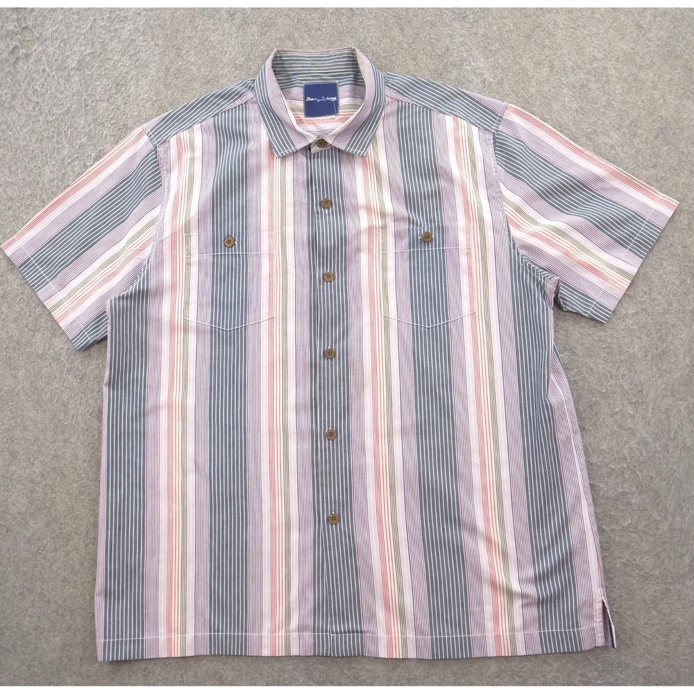 Tommy Bahama Shirt Mens Extra Large Blue Pink Purple Button Silk Short Sleeve